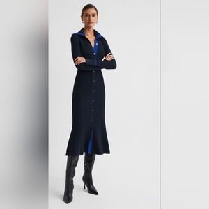 REISS Millie Knitted Ribbed Midi Dress in Navy/Blue SZ XS